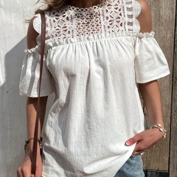 Boho White Lace Cold Shoulder Puff Sleeve Blouse - Picture 2 of 5